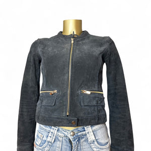 Black real suede leather tight fit biker jacket (XS)