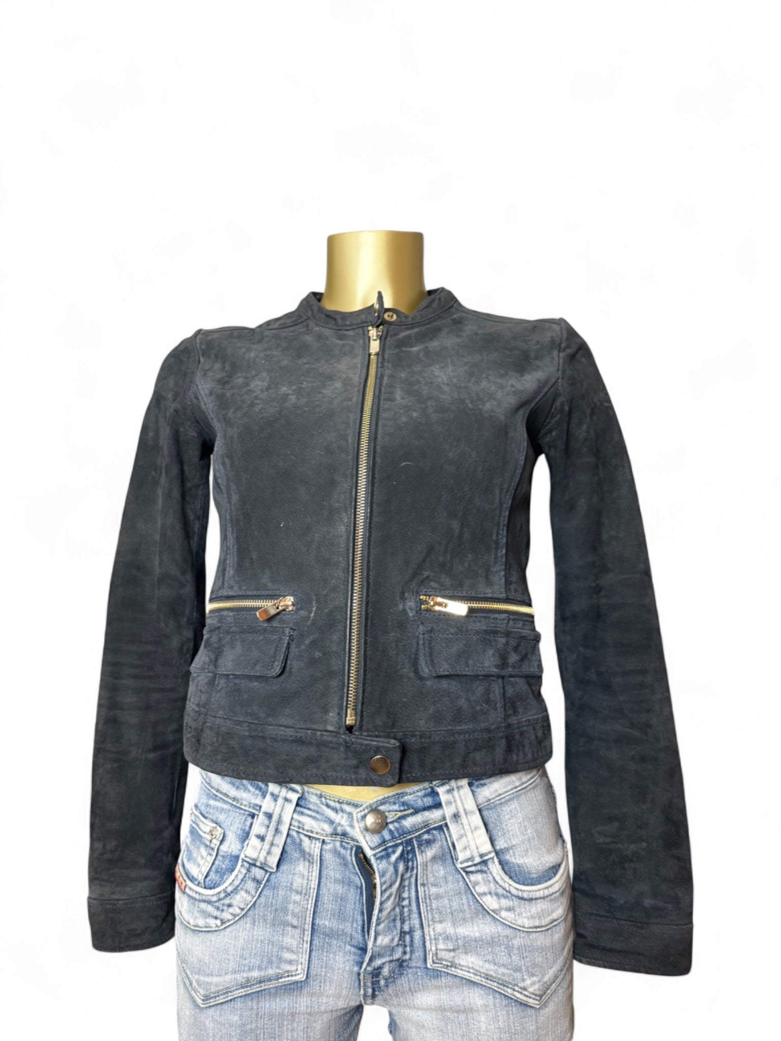 Black real suede leather tight fit biker jacket (XS)