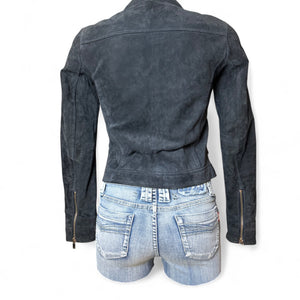 Black real suede leather tight fit biker jacket (XS)