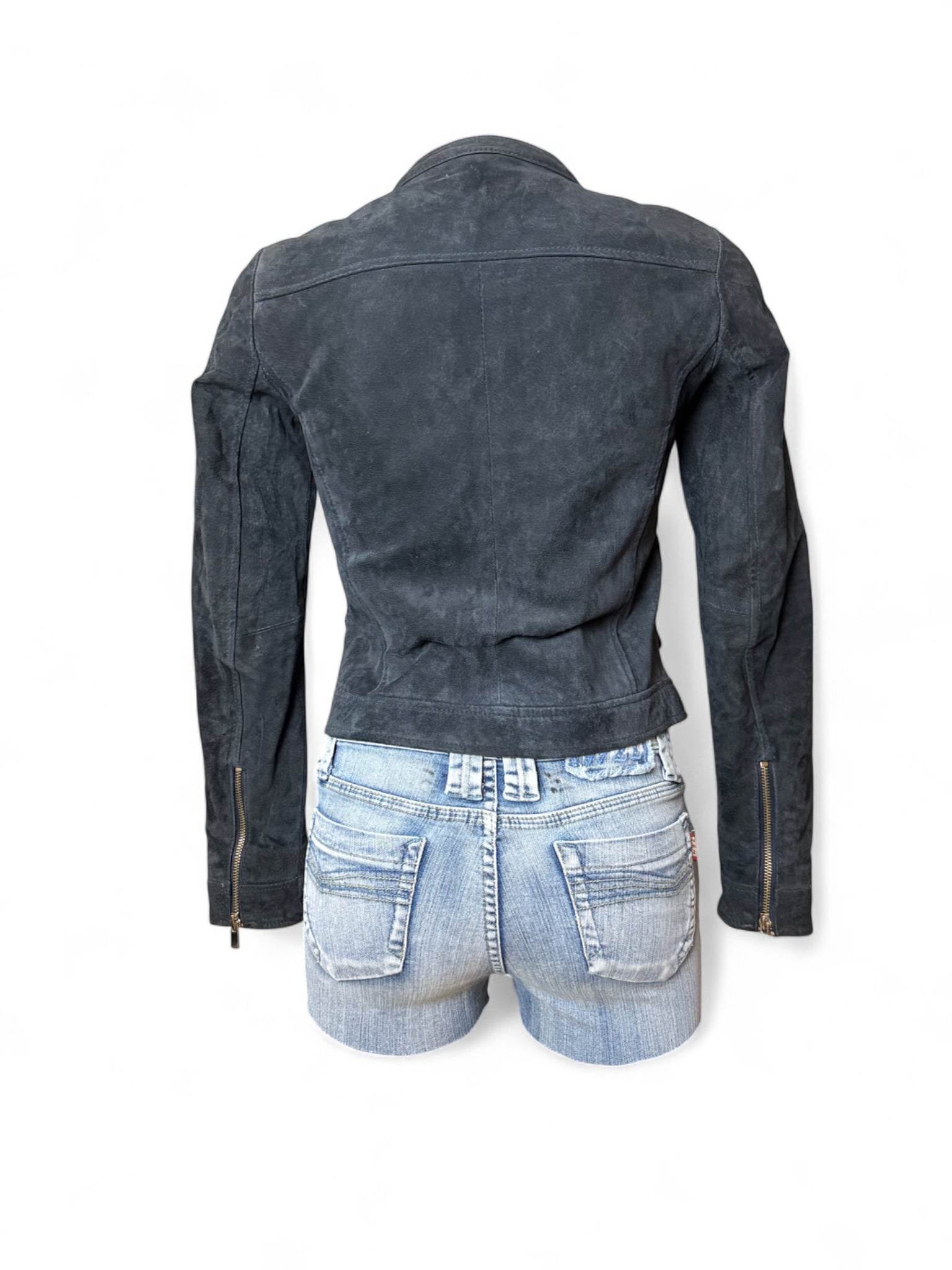 Black real suede leather tight fit biker jacket (XS)