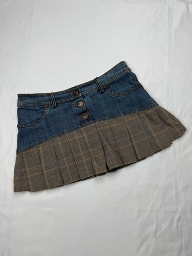 Blue denim low rise pleated mini skirt (S/M)
