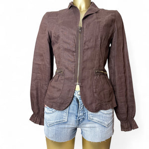 Brown 100% linen tight fit zip up office jacket (M)