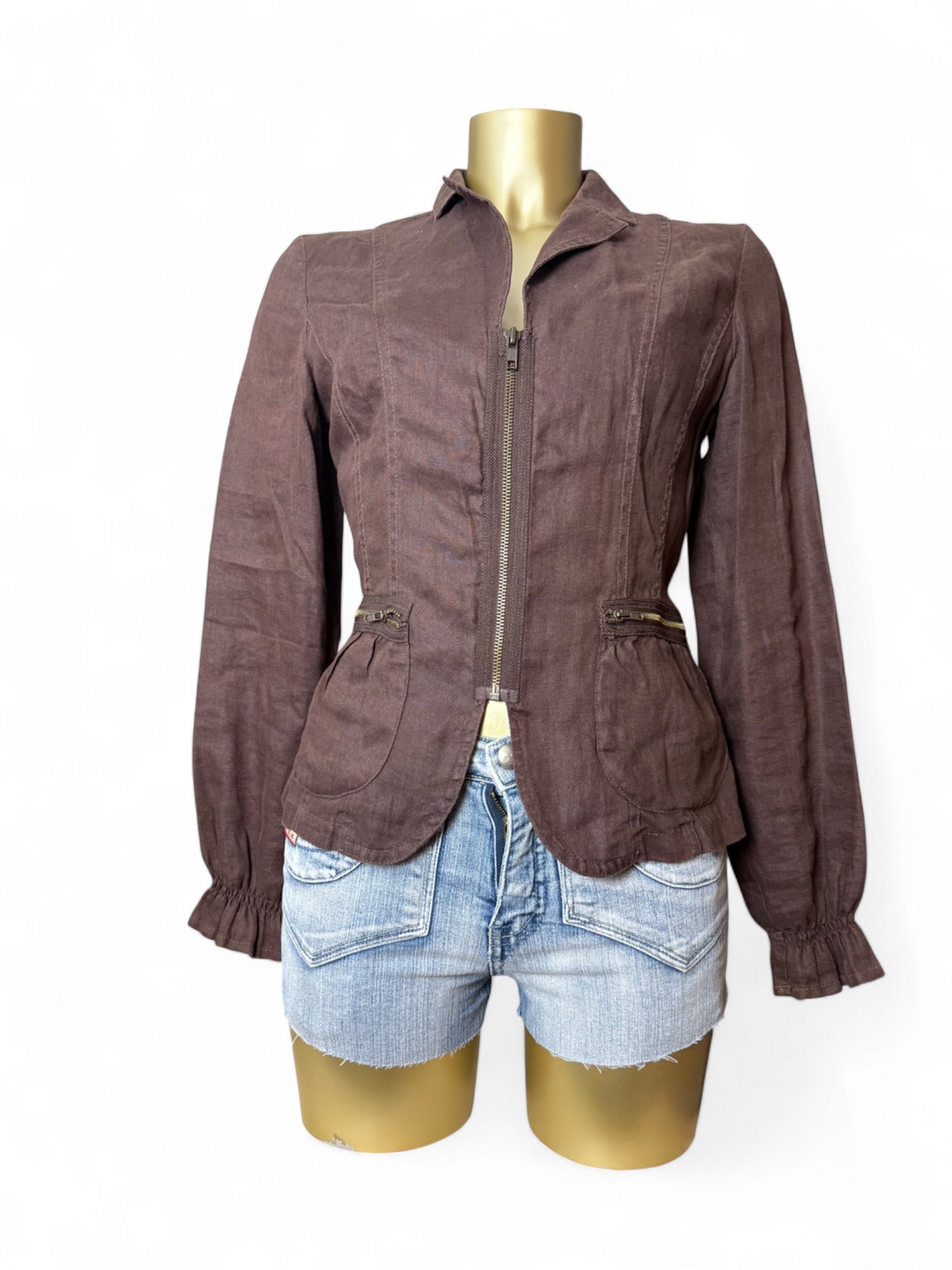 Brown 100% linen tight fit zip up office jacket (M)