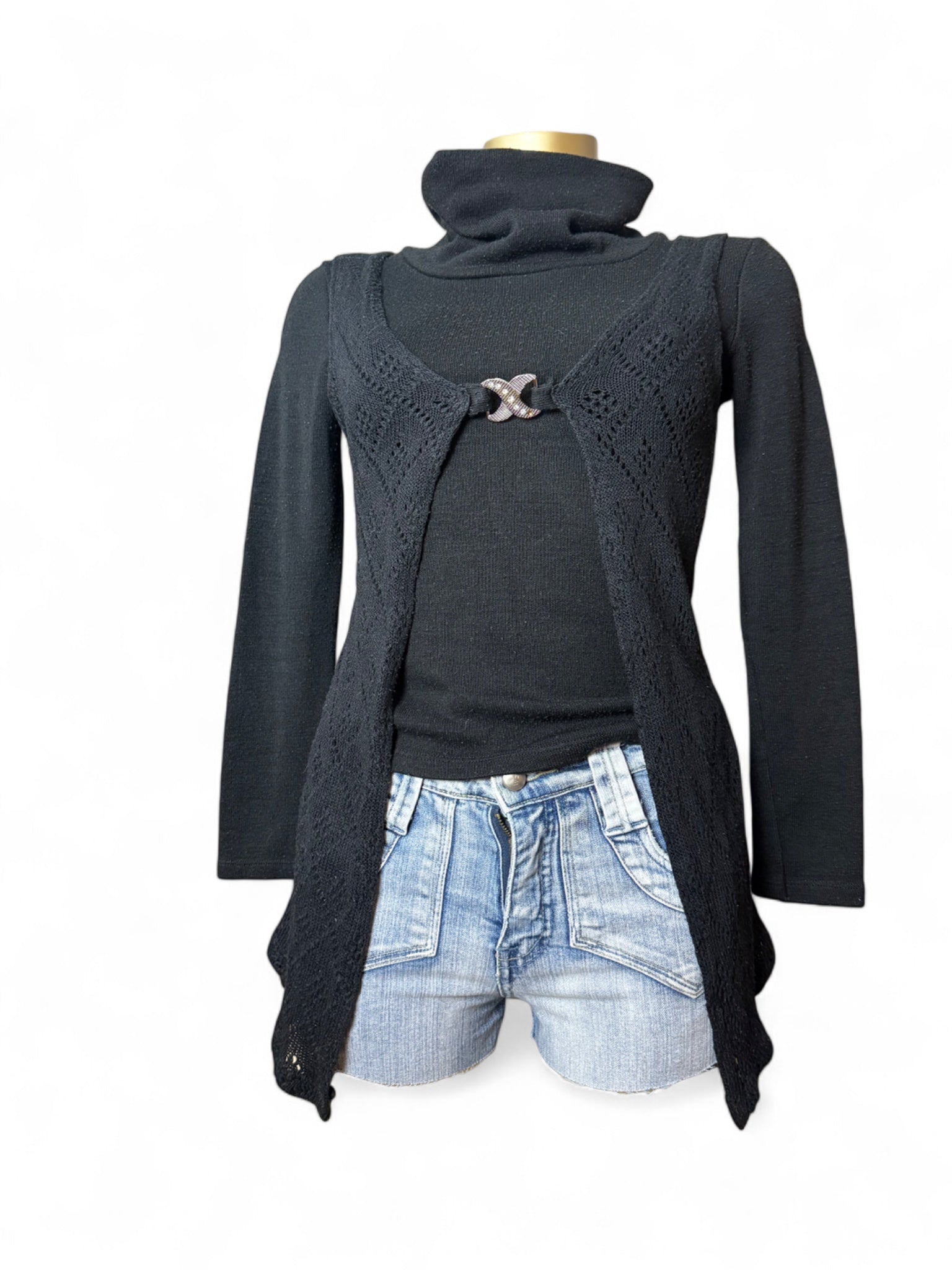 Black turtleneck 2 in 1 cardigan jumper (S)