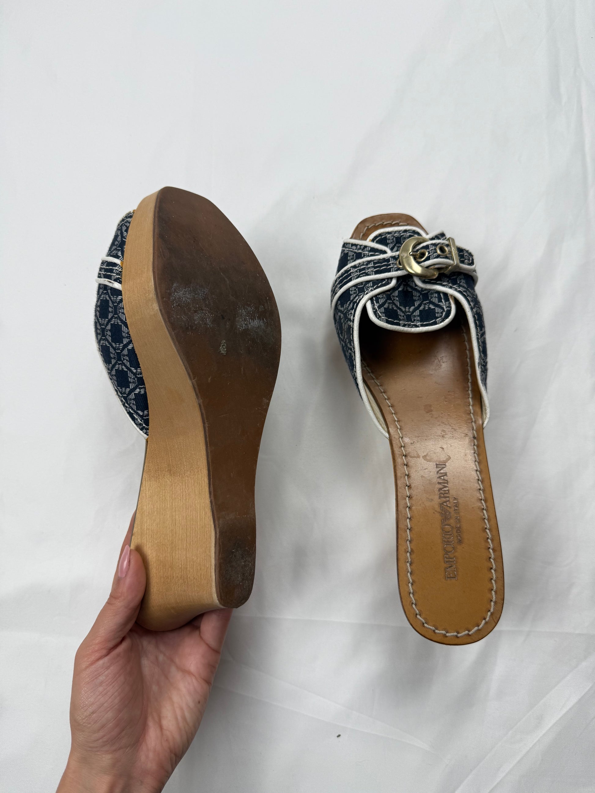 Blue monogram buckle wedge heels mules (38.5)