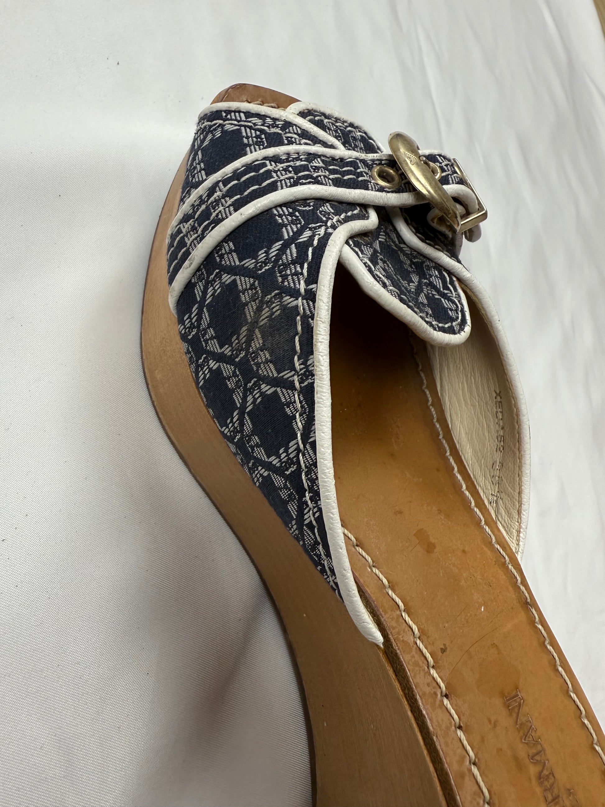 Blue monogram buckle wedge heels mules (38.5)