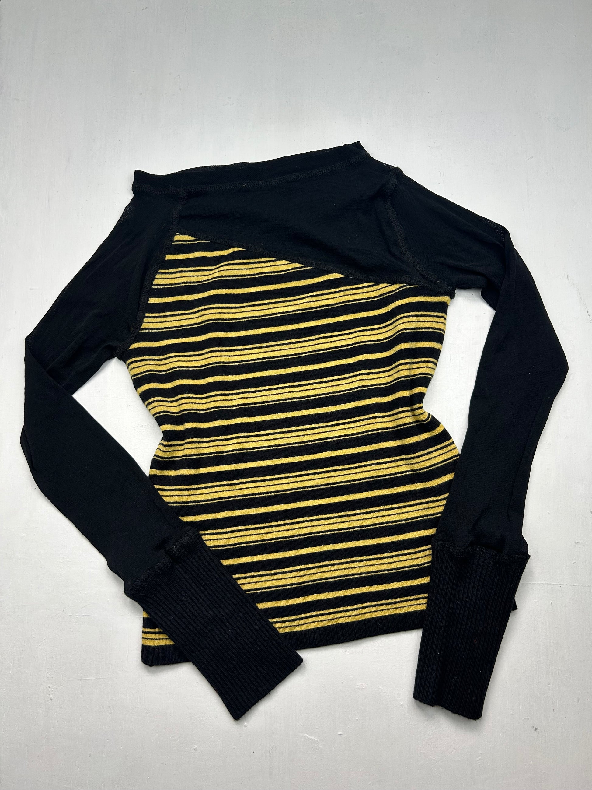 Striped bi fabric mesh stretchy long sleeves top (S/M)