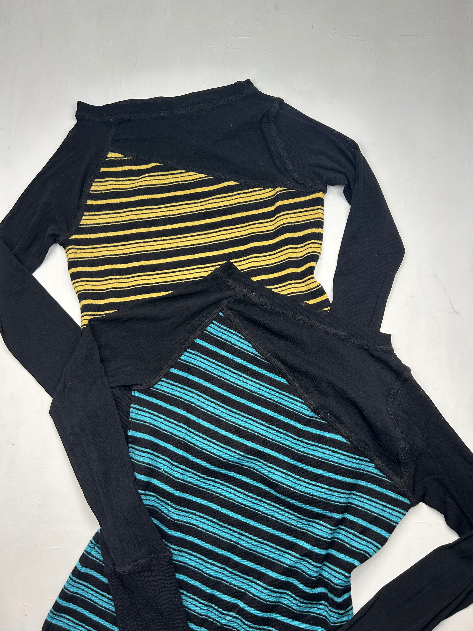 Striped bi fabric mesh stretchy long sleeves top (S/M)