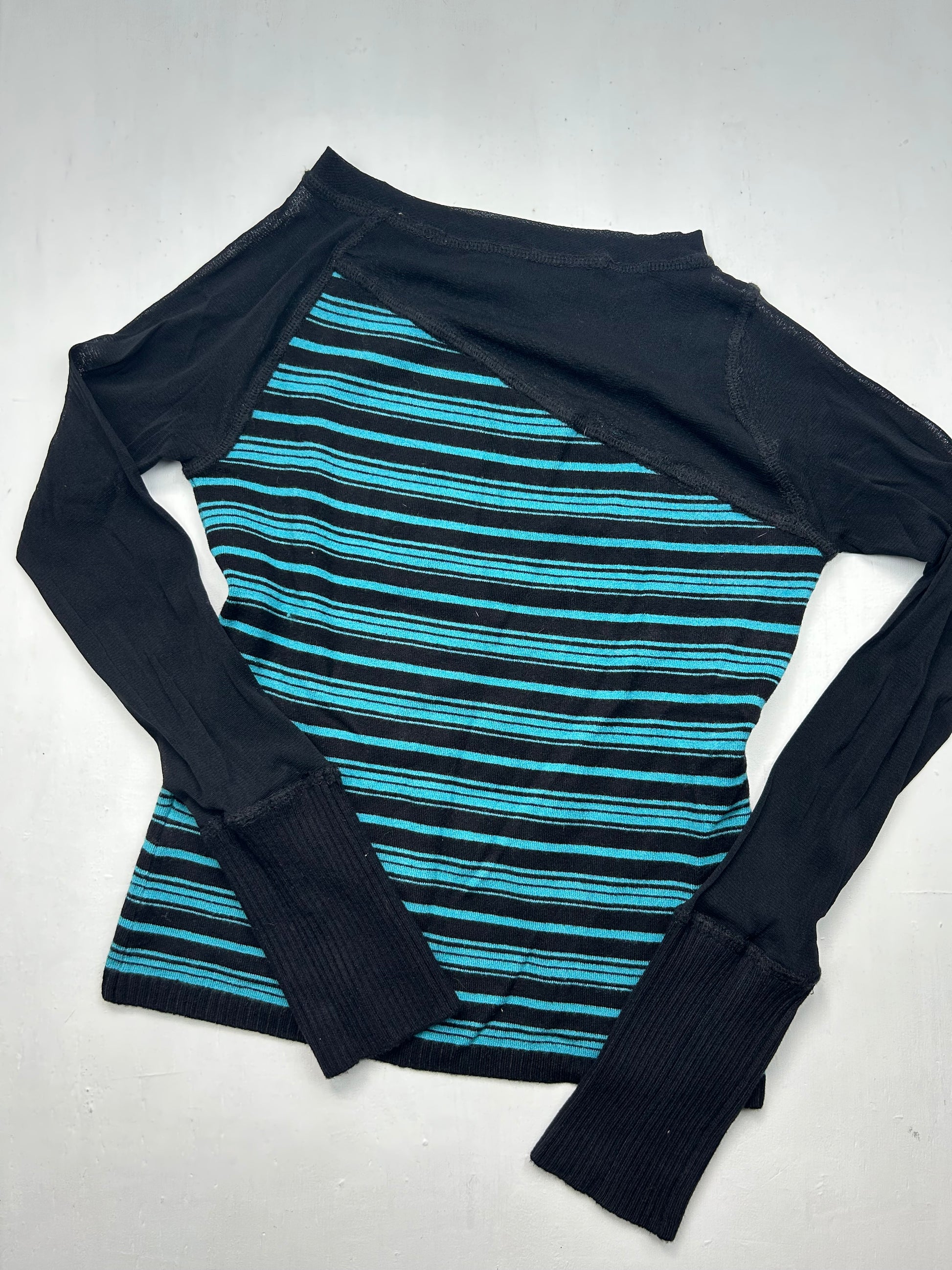 Striped bi fabric mesh stretchy long sleeves top (S/M)