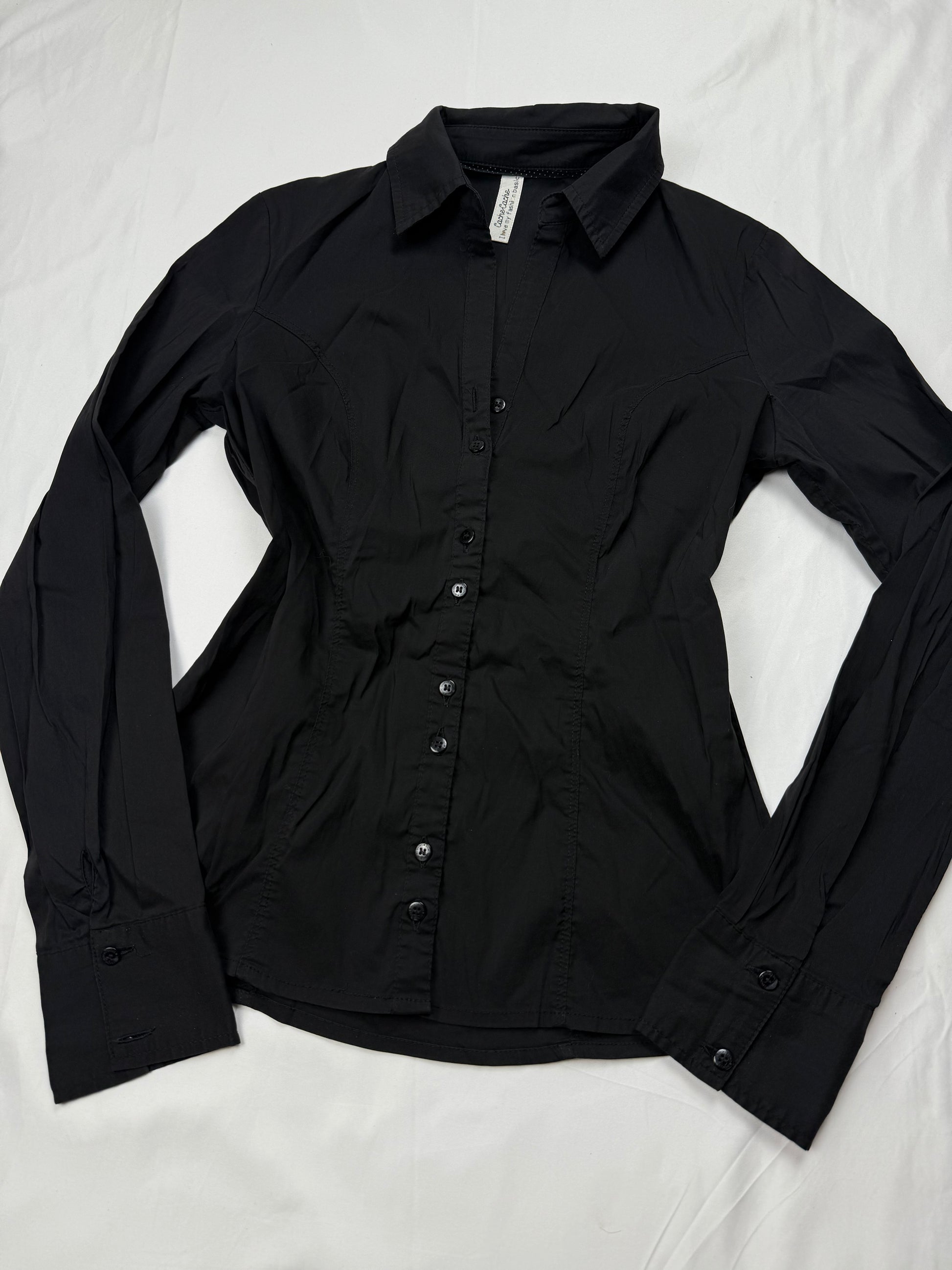 Black ruched super stretchy office siren shirt (S/M)