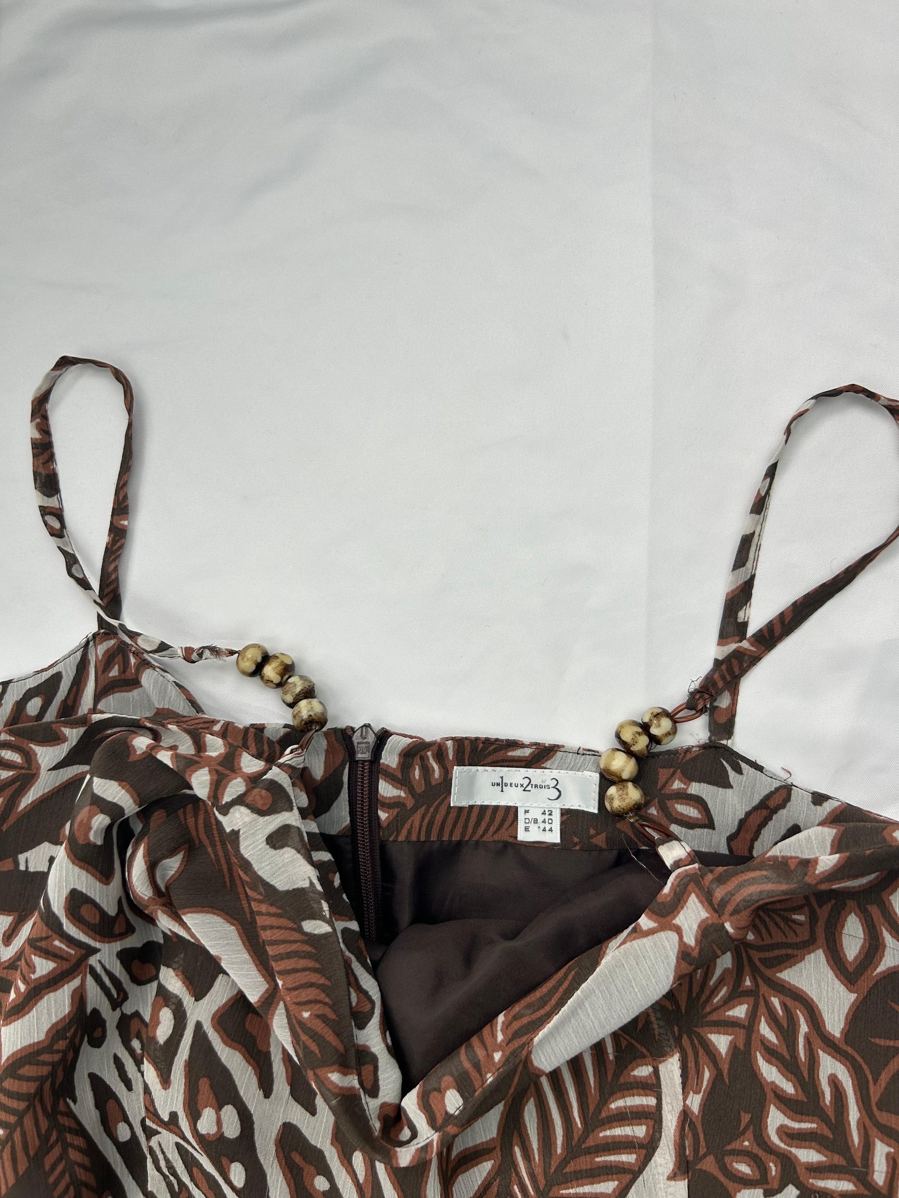 Beige graphic print mesh lined asymmetric dress (L)