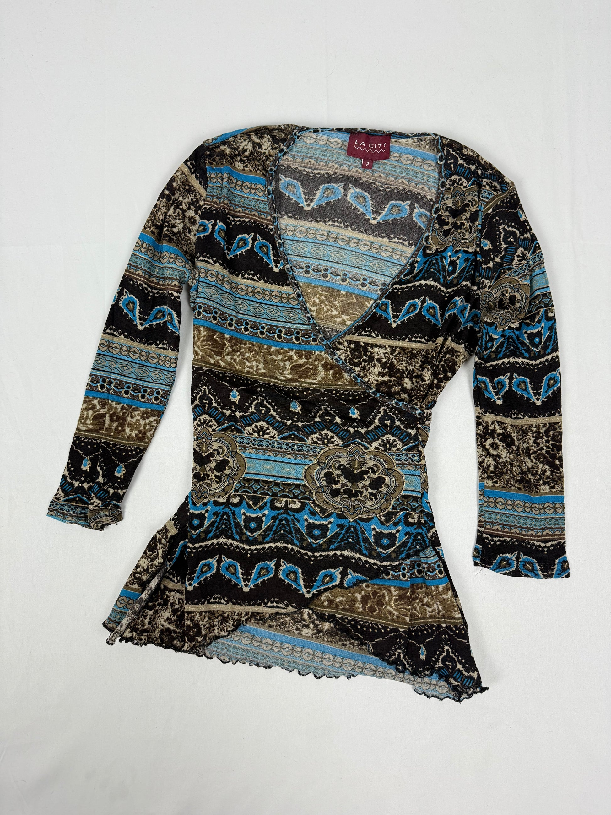 Graphic blue mesh lined long sleeves top (S)