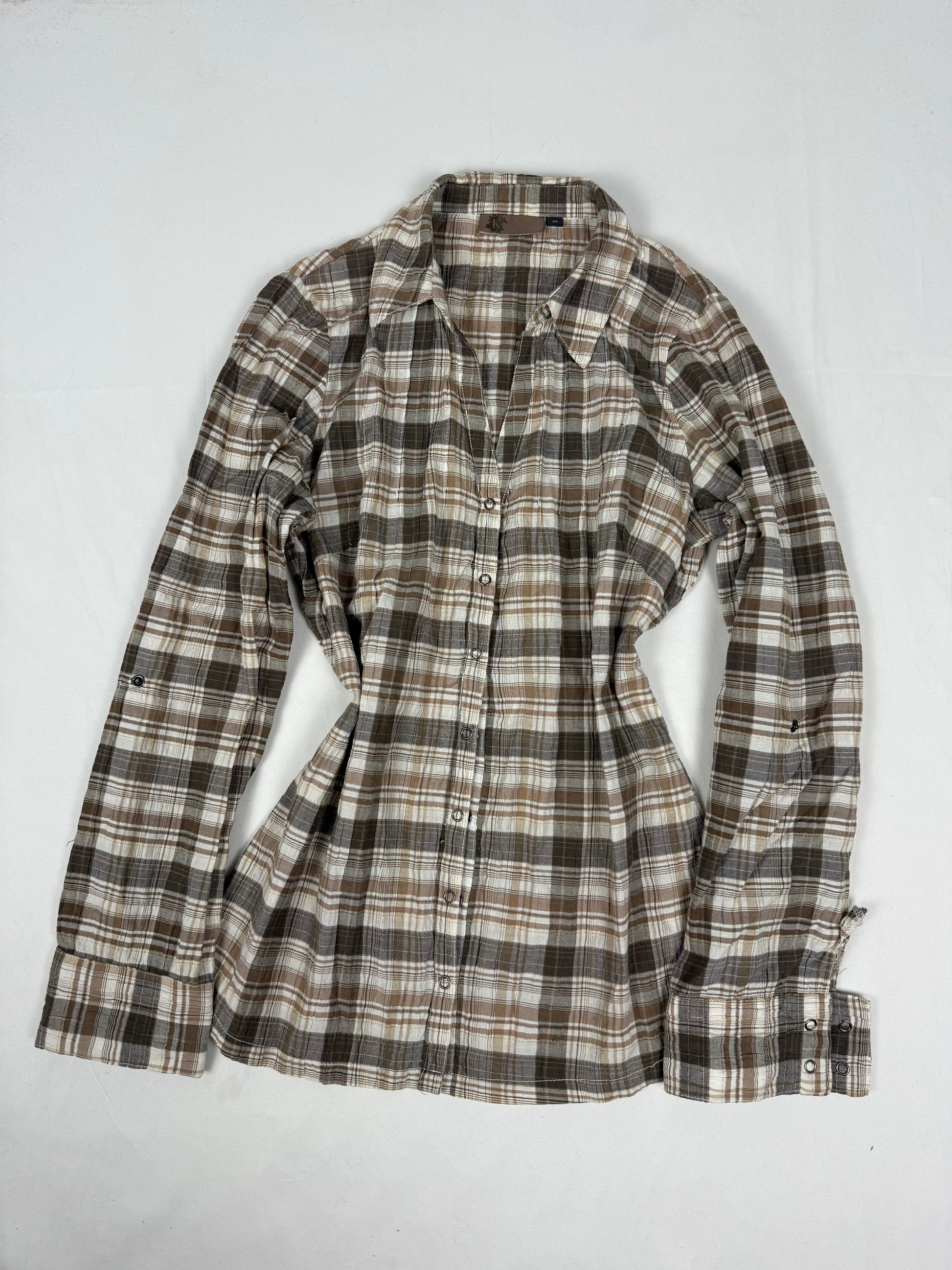 Beige check print cotton long sleeves shirt (M)