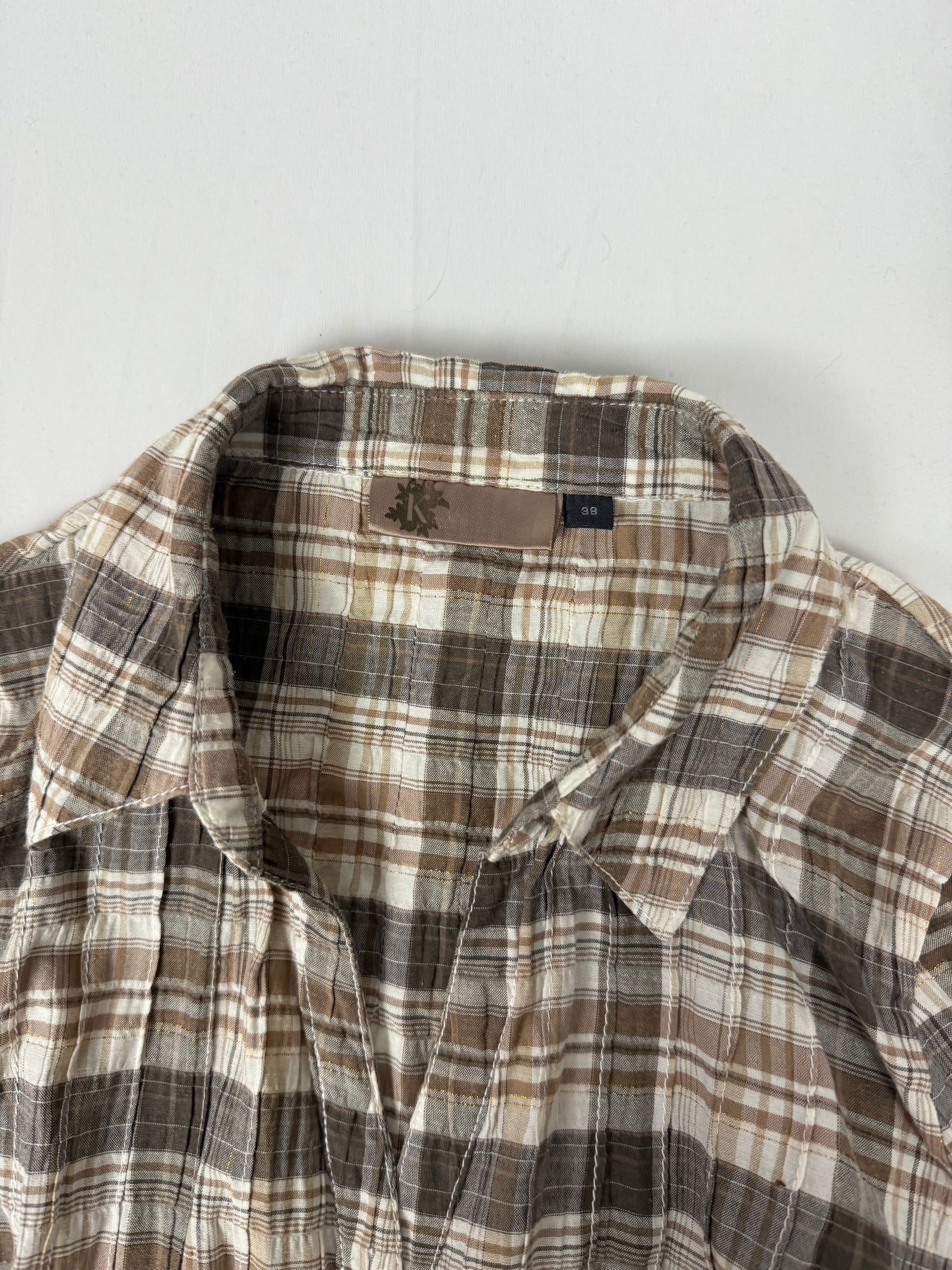 Beige check print cotton long sleeves shirt (M)
