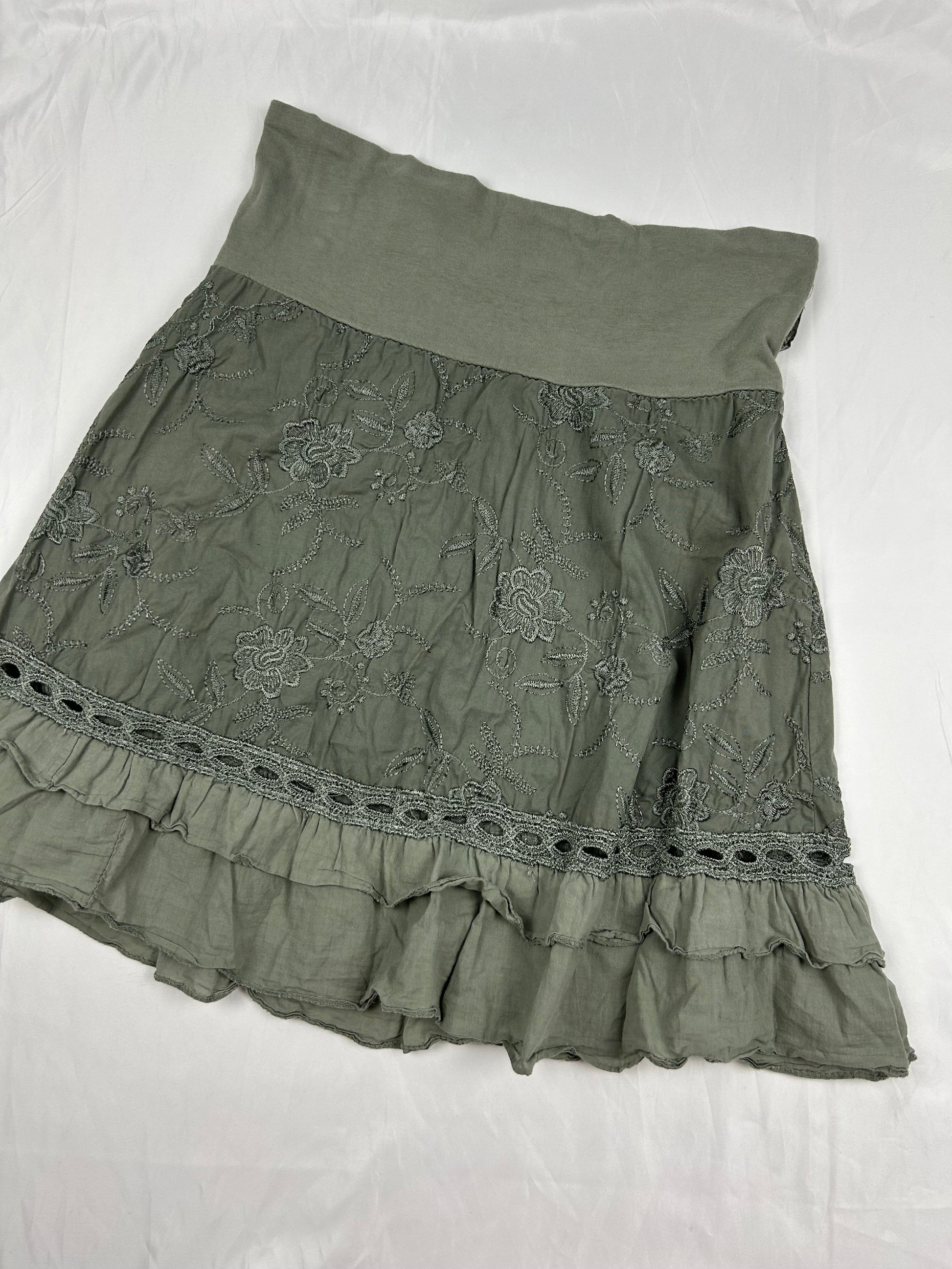 Khaki embroidered cotton low rise midi skirt (S/M)