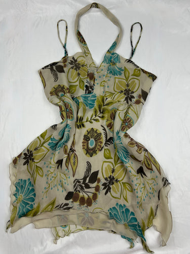 Green floral 100% silk asymmetric halter top (3XL)