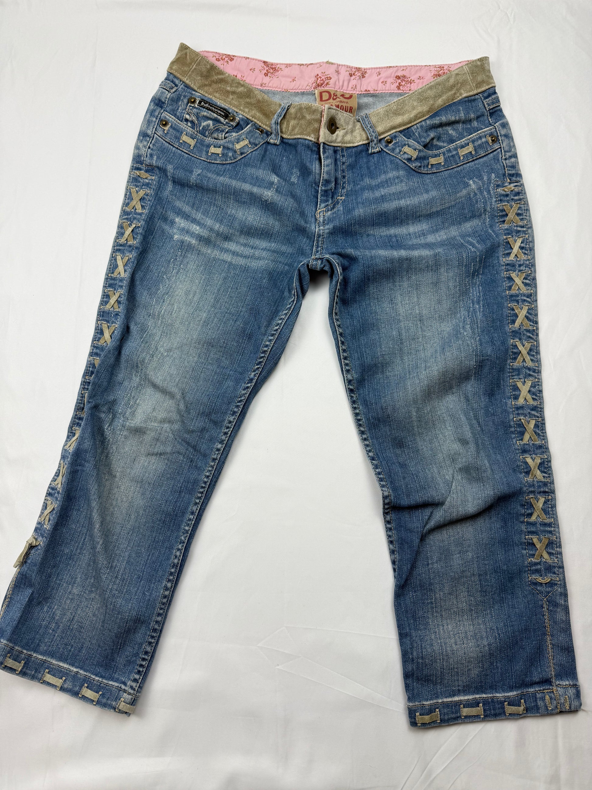 Blue denim lace up low rise capri pants (S/M)