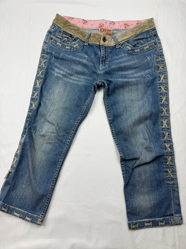 Blue denim lace up low rise capri pants (S/M)
