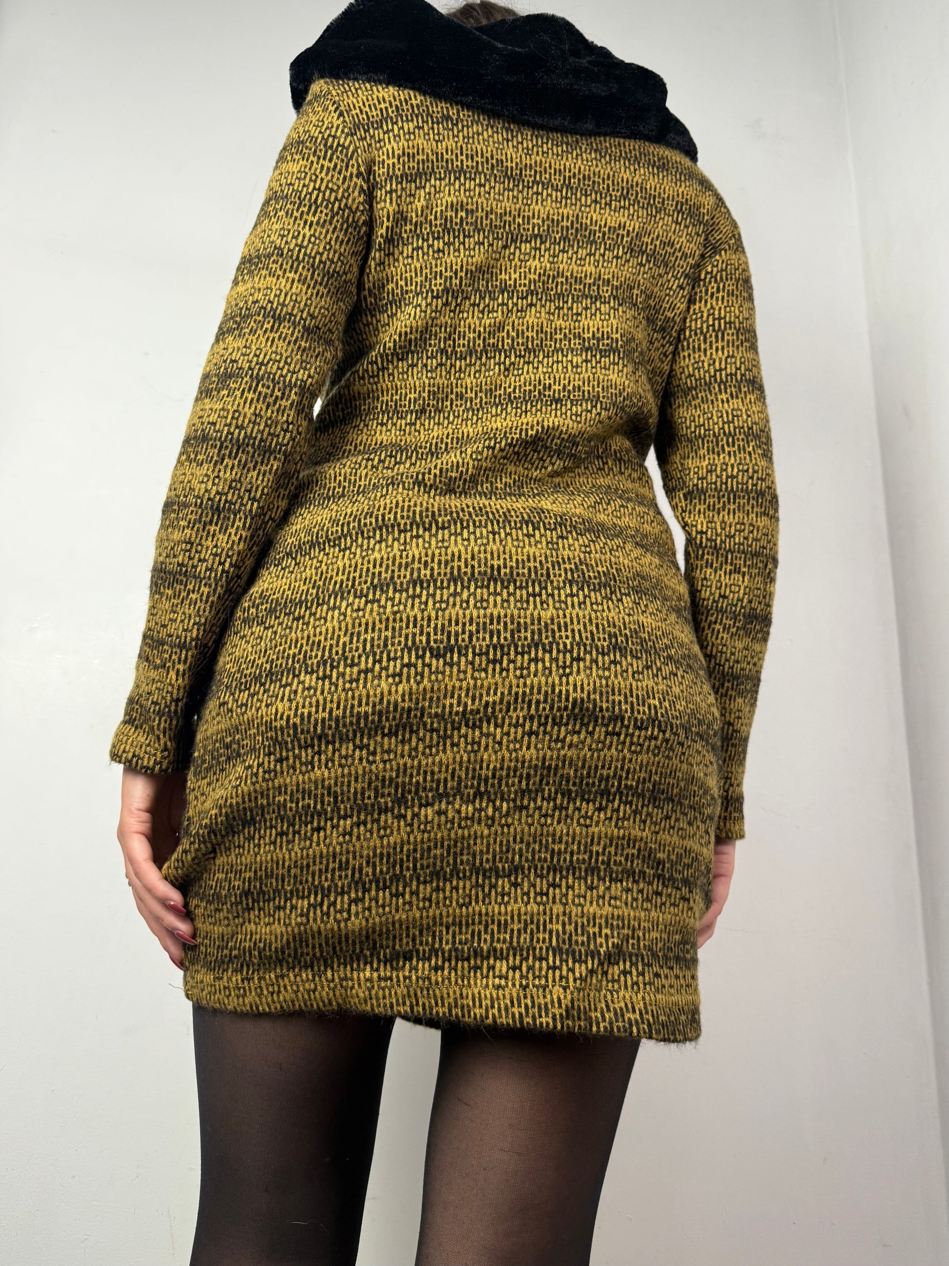 Khaki faux fur large neck knitted jumper dress (S/M)