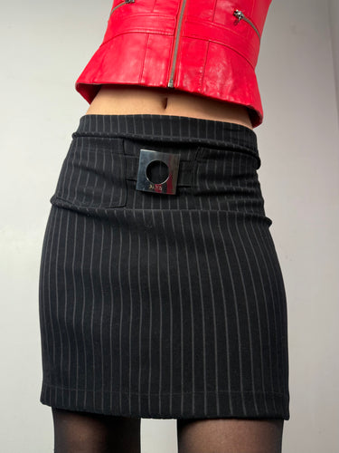 Black striped buckle belt office siren mini skirt (S)