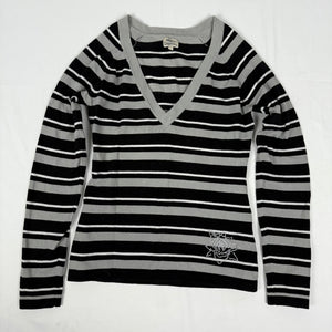 Grey striped V neck cotton jumper (L)