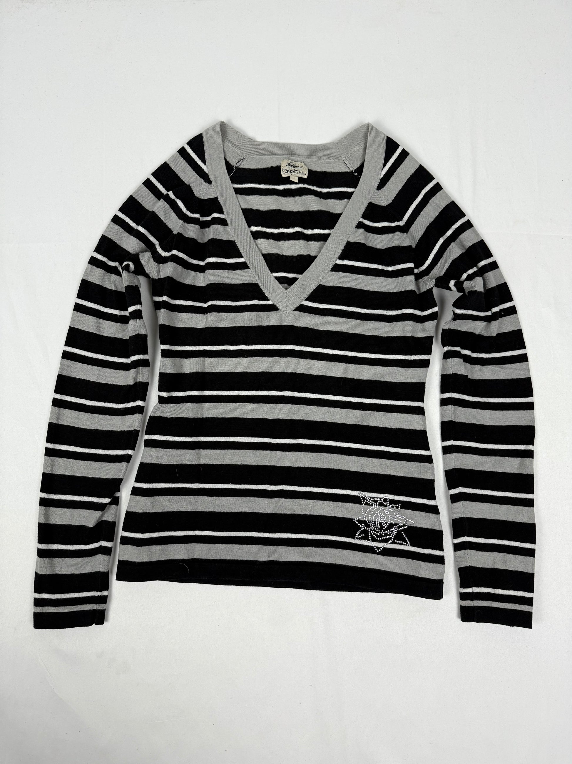 Grey striped V neck cotton jumper (L)