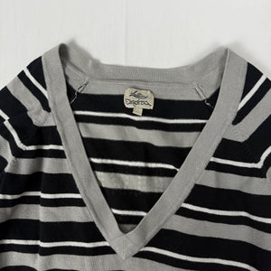 Grey striped V neck cotton jumper (L)