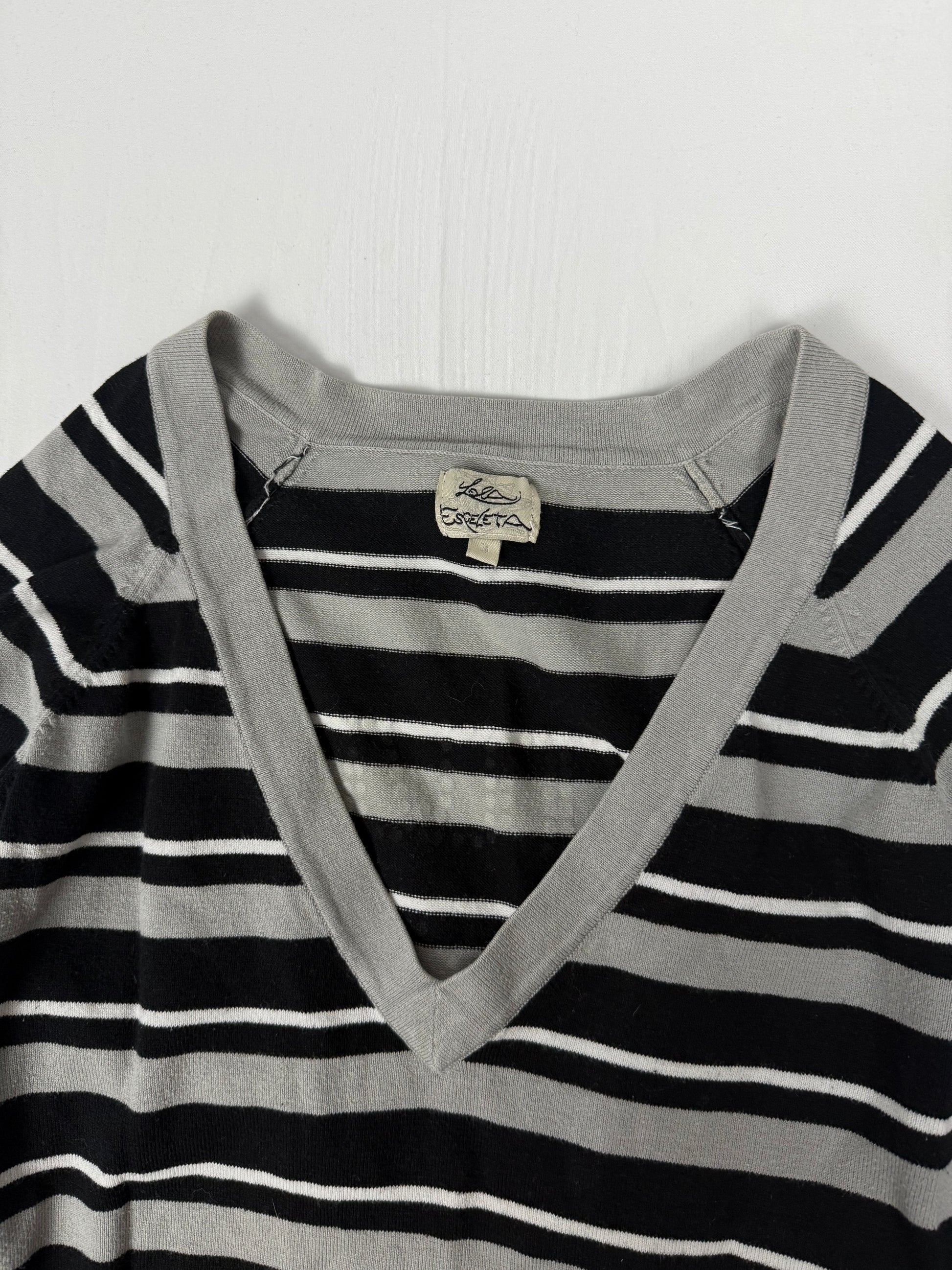 Grey striped V neck cotton jumper (L)
