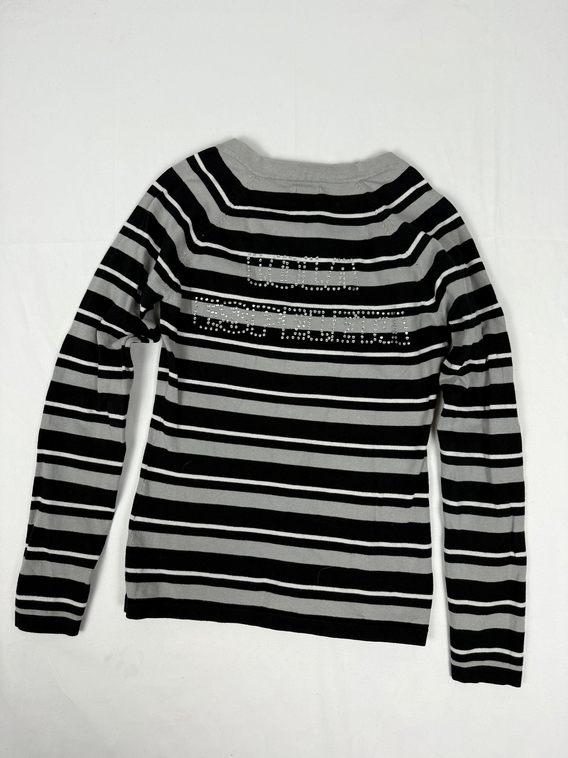 Grey striped V neck cotton jumper (L)