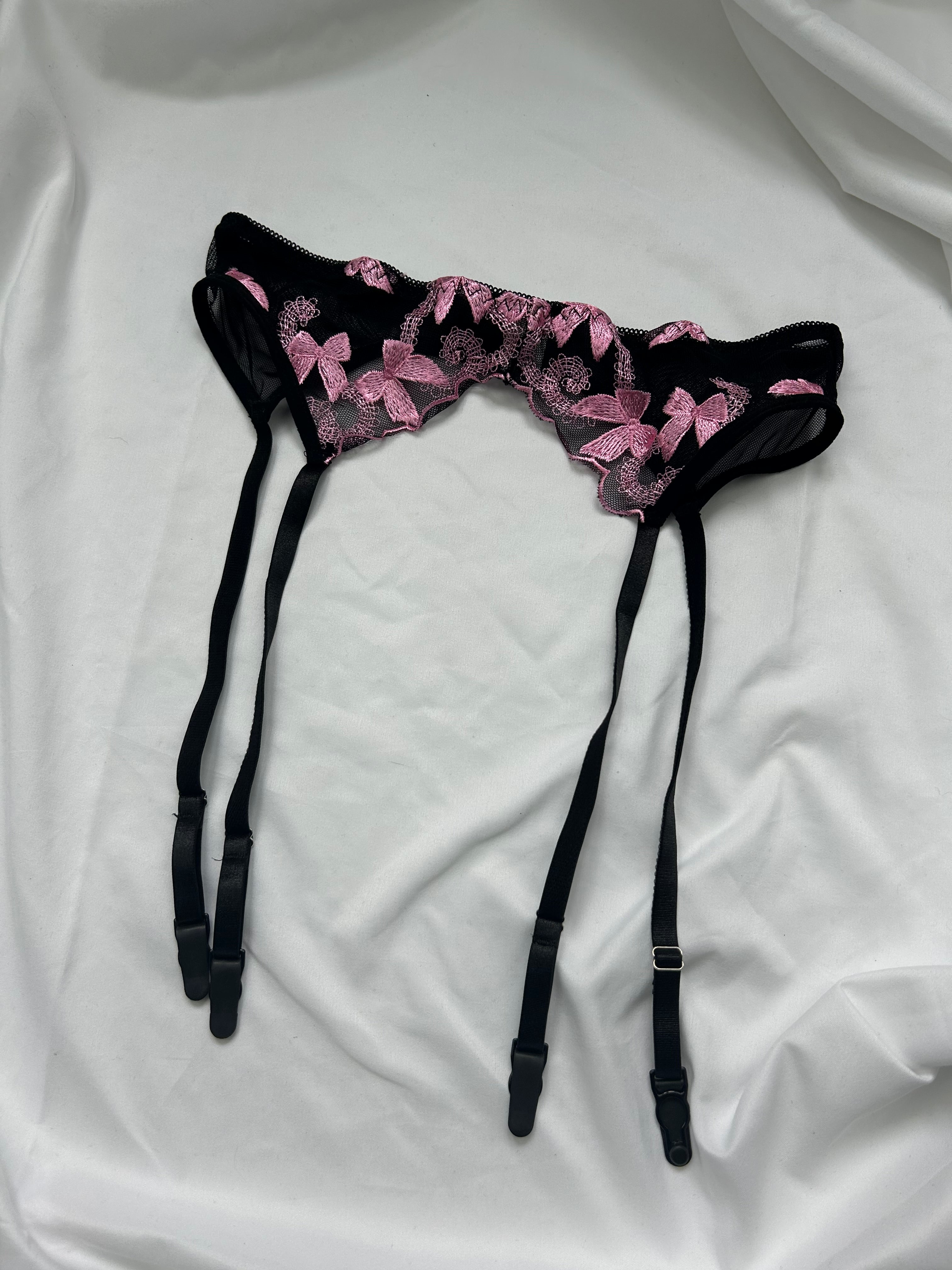 Black embroidered pink bows garter belt (S/M)