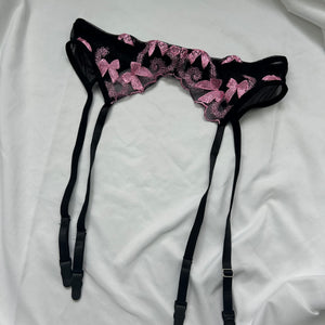 Black embroidered pink bows garter belt (S/M)