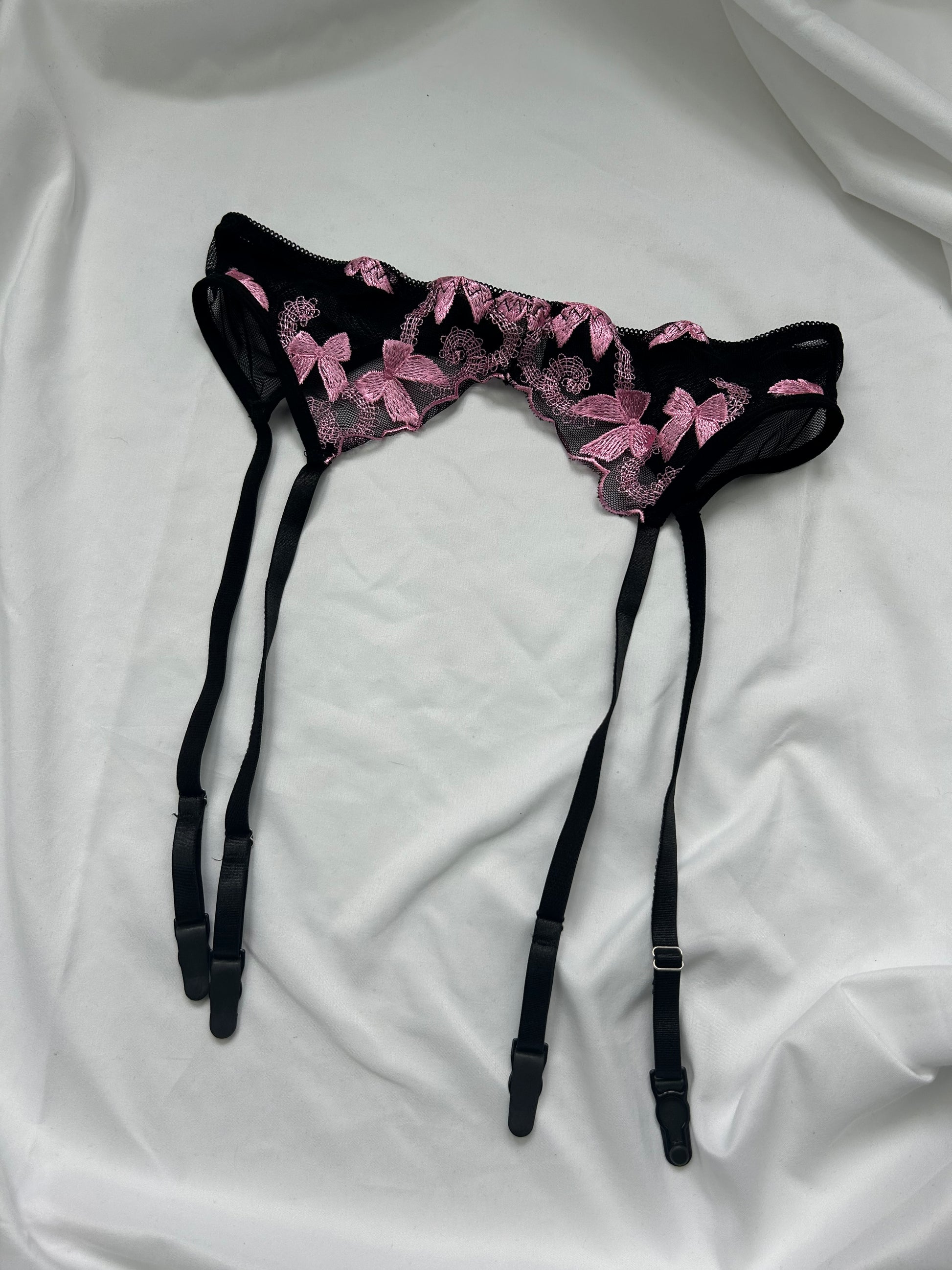 Black embroidered pink bows garter belt (S/M)