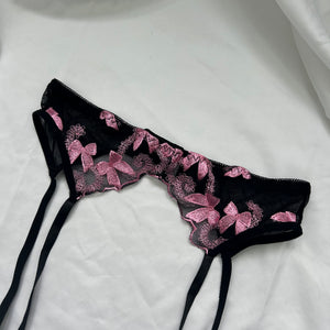 Black embroidered pink bows garter belt (S/M)