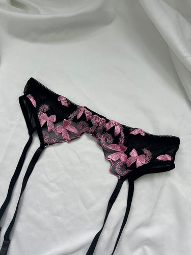 Black embroidered pink bows garter belt (S/M)