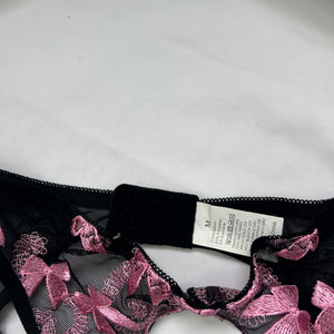 Black embroidered pink bows garter belt (S/M)