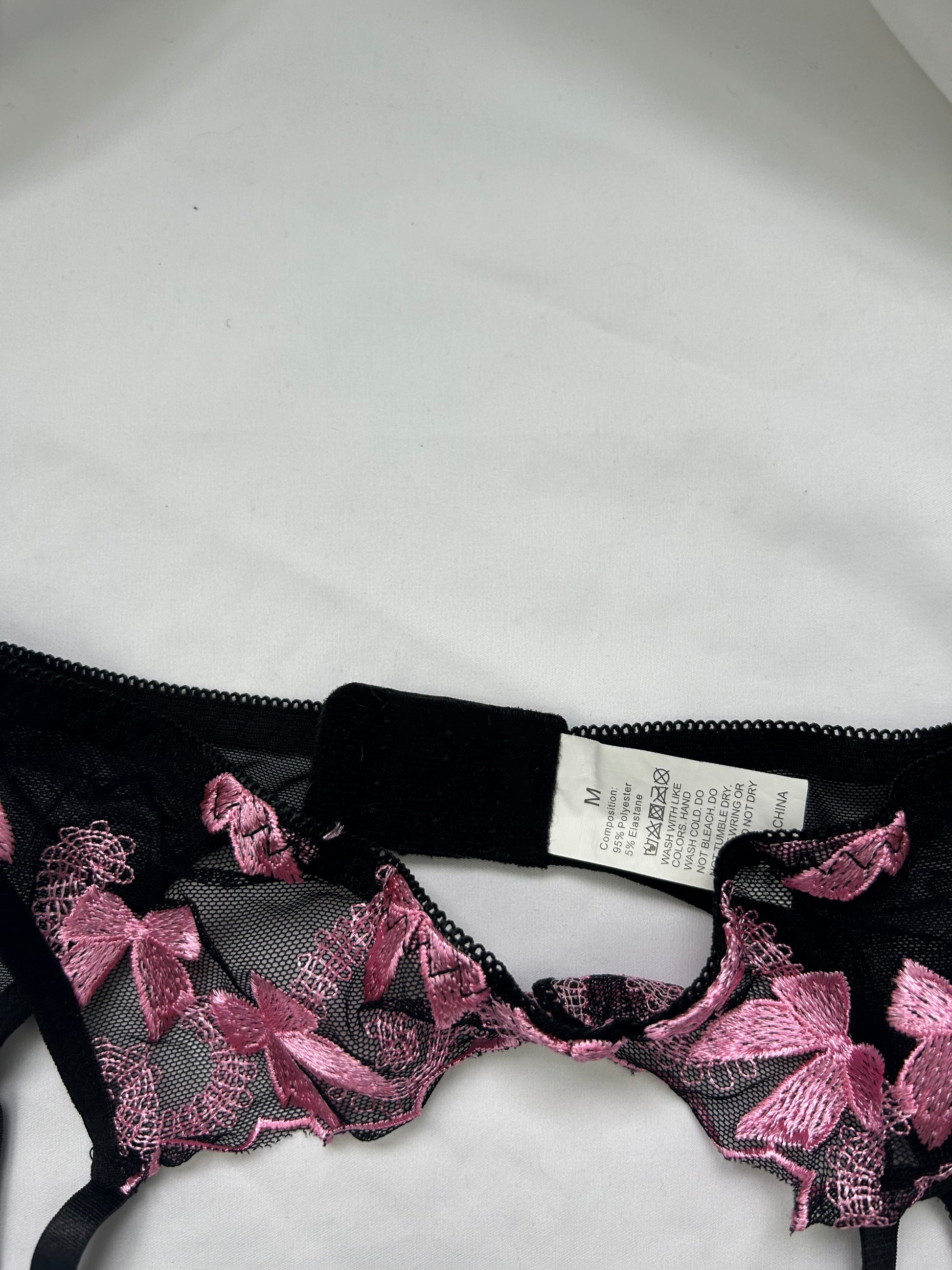 Black embroidered pink bows garter belt (S/M)