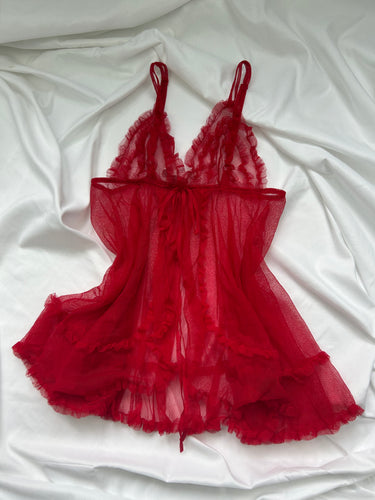 Red mesh open front babydoll top (S)