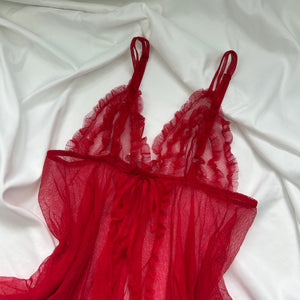 Red mesh open front babydoll top (S)