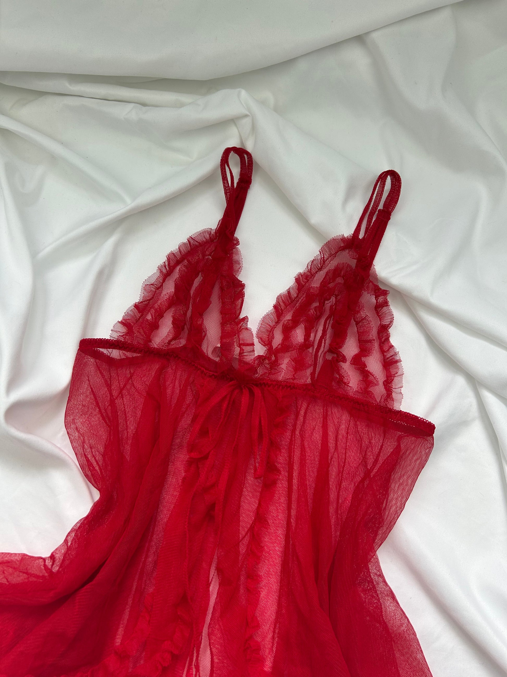 Red mesh open front babydoll top (S)