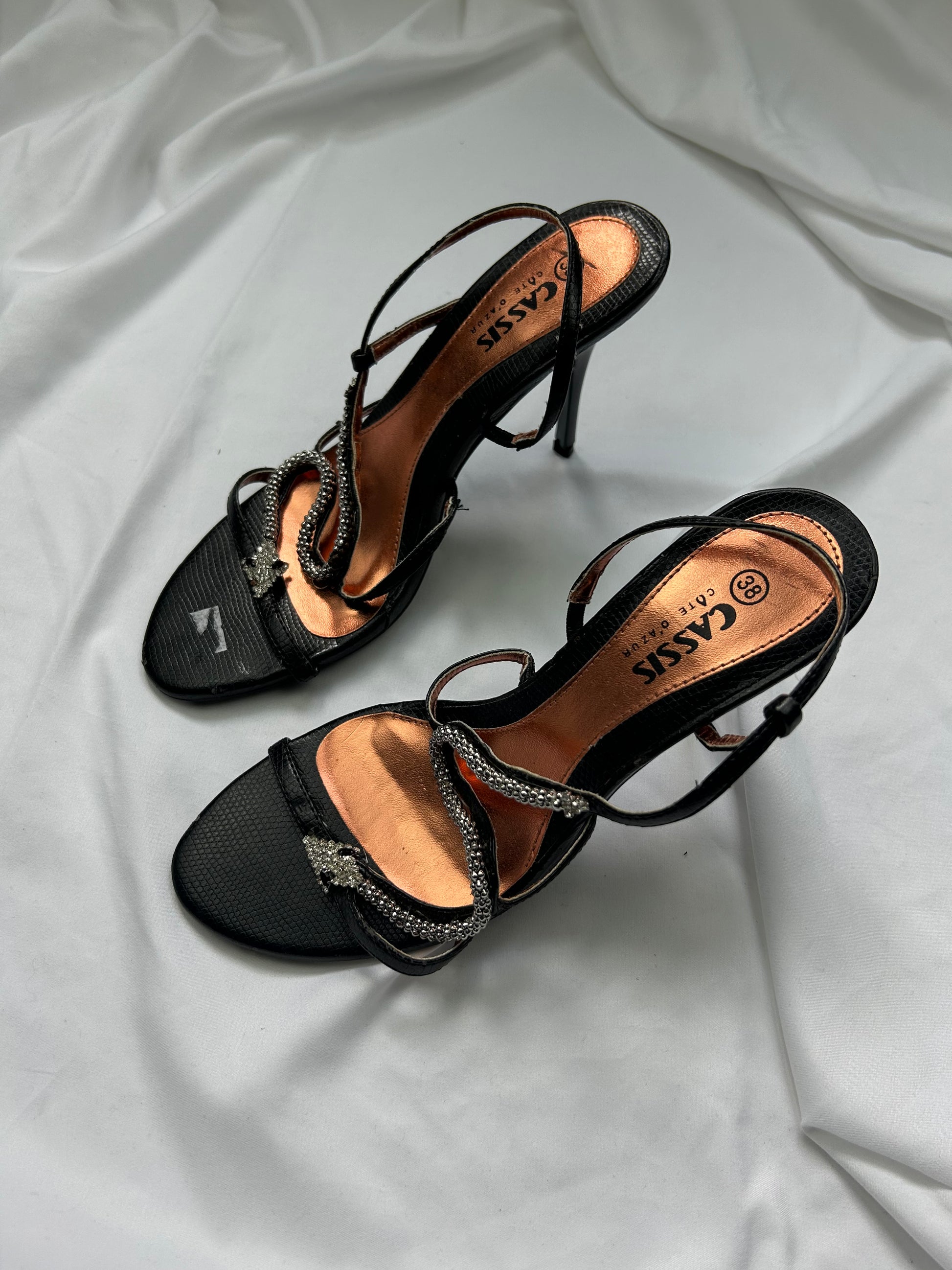 Black rhinestones snake heels sandals (38)