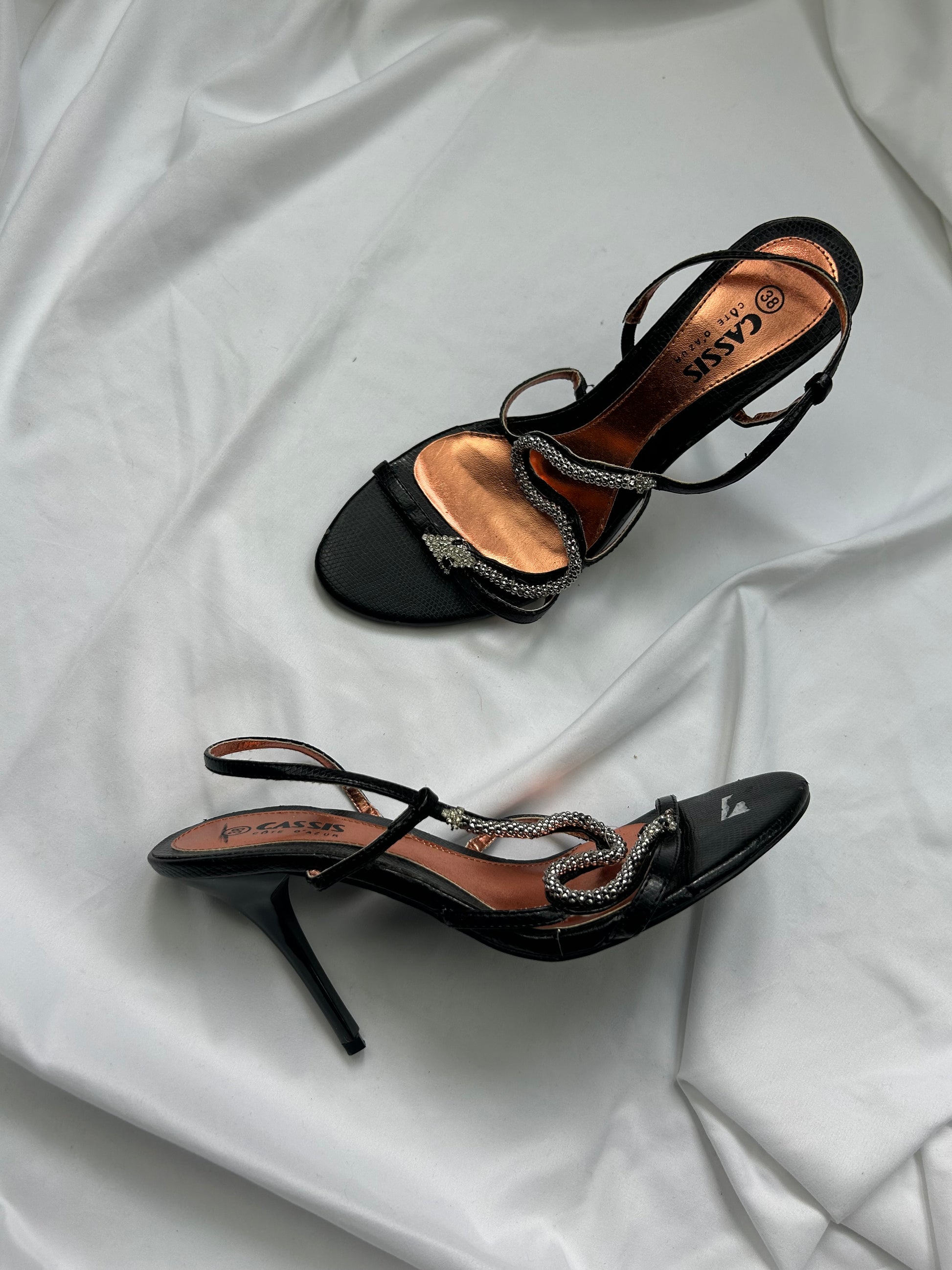 Black rhinestones snake heels sandals (38)