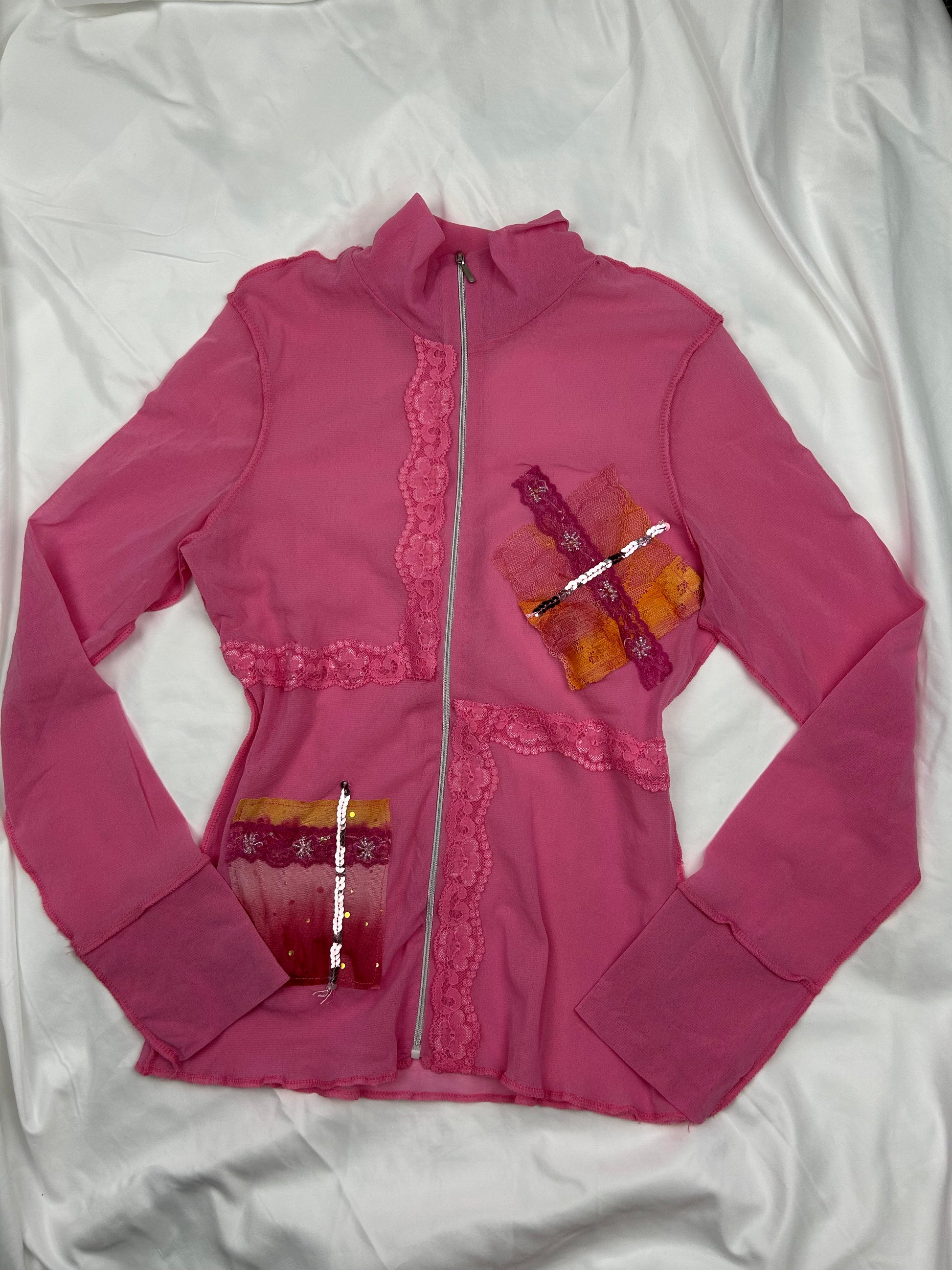Pink mesh & sequins zip up long sleeves top (S/M)