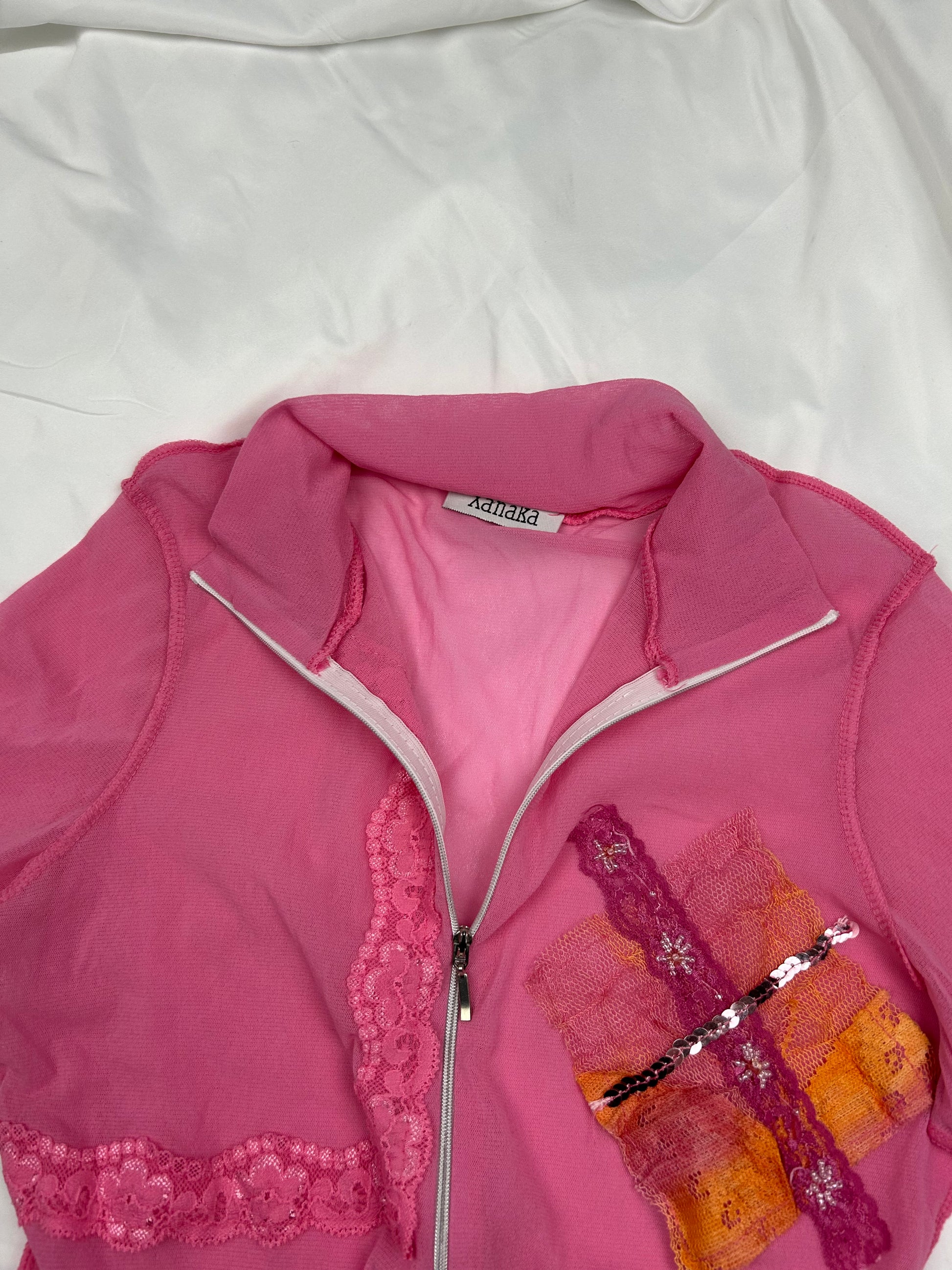 Pink mesh & sequins zip up long sleeves top (S/M)
