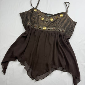 Brown asymmetric pearls 100% linen cami top (XXL)