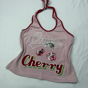 Baby pink cherry sequins halter top (S/M)