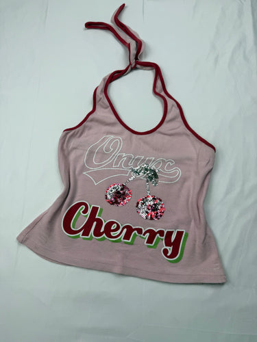 Baby pink cherry sequins halter top (S/M)