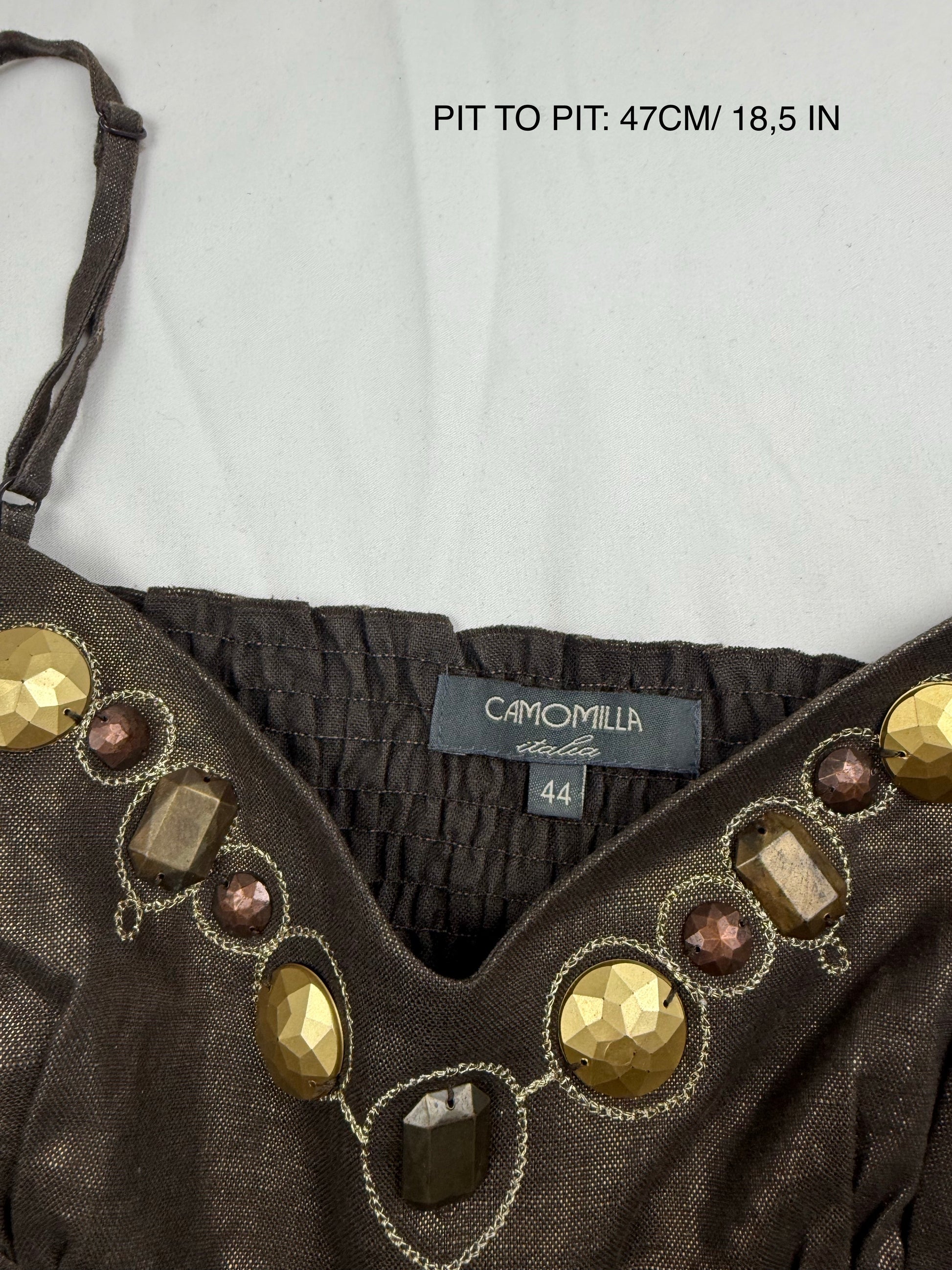 Brown asymmetric pearls 100% linen cami top (XXL)