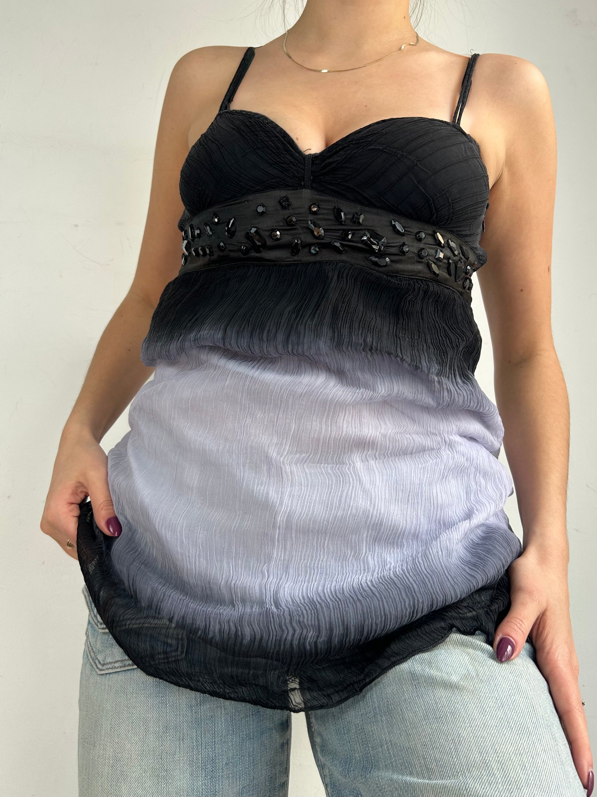 Black pleated mesh lined cami  top (S/M)