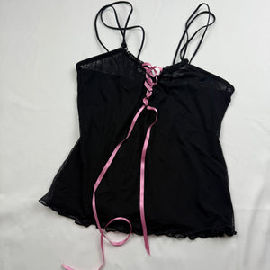 Black & pink mesh lined lace up babydoll cami top (S)