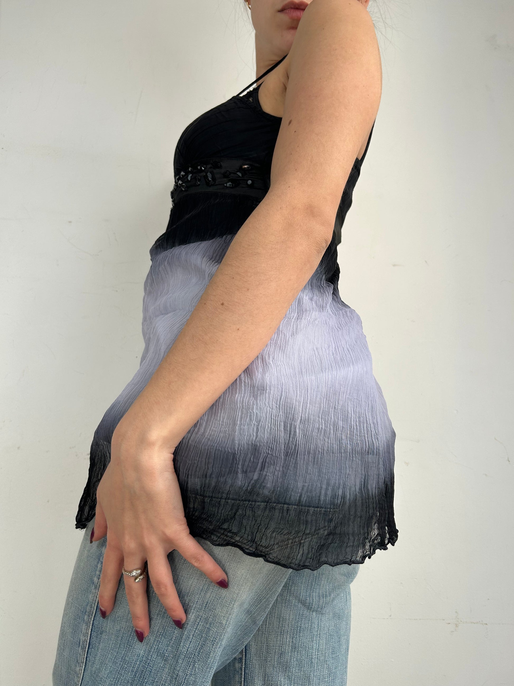 Black pleated mesh lined cami  top (S/M)